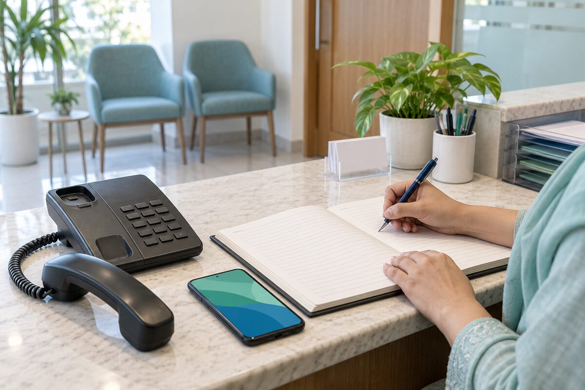 Illustration: a desk phone with its receiver lifted on the reception counter of a small clinic, beside an open appointment register and a smartphone, while a receptionist's hands write in the register.