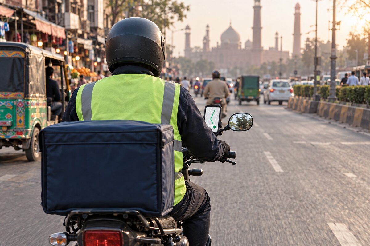 Illustration: seen from behind on a busy Lahore street, a delivery rider in a helmet and hi-vis vest, with a delivery box on his motorbike, follows a route on a phone mounted on the handlebar.