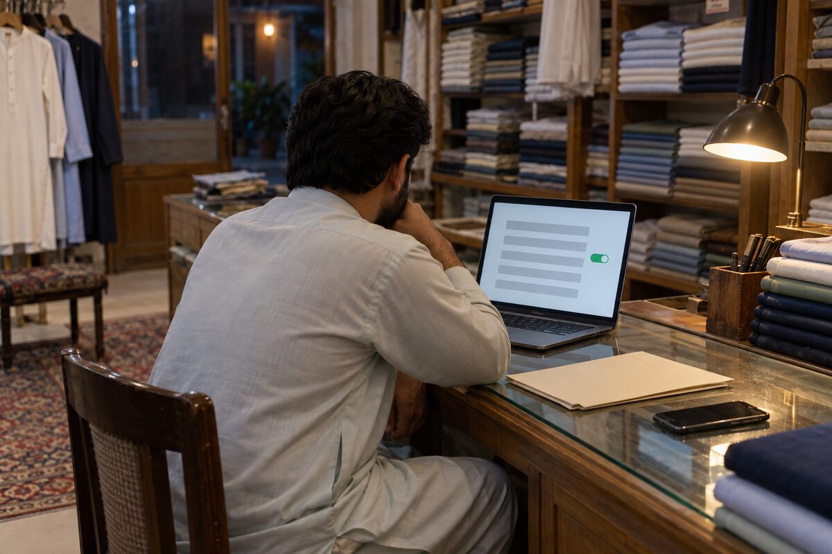 Illustration: a shop owner at a laptop after closing time, checking the settings of their own website account.