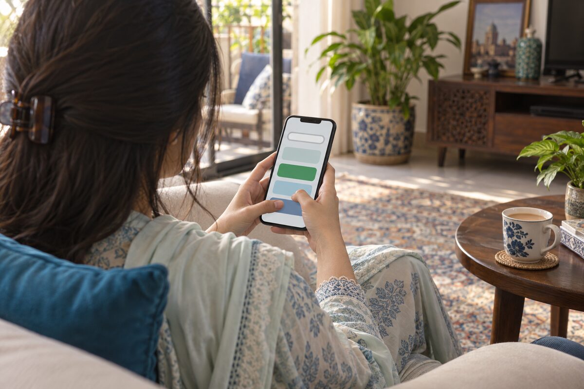 Illustration: seen from behind, a woman in a shalwar kameez sits on a sofa in a sunlit living room and types a search on her phone, with a cup of chai beside her.