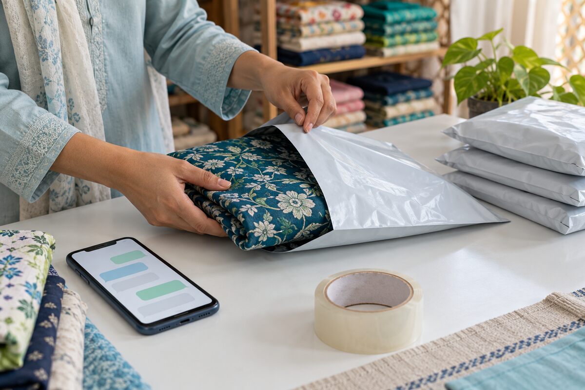 Illustration: hands packing a folded fabric parcel into a plain courier bag on a table in a small home business, with a smartphone and a stack of packed parcels beside it.