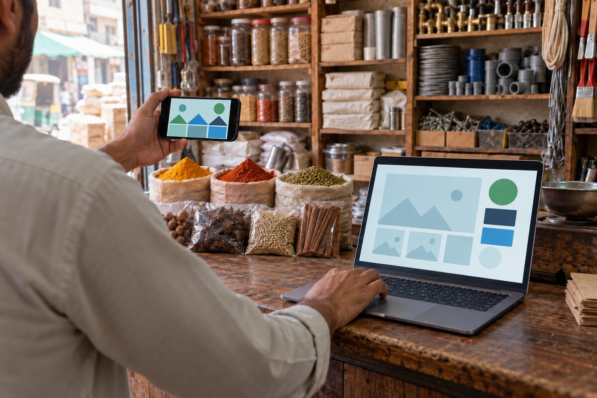 Illustration: a shop owner at a counter updates a website on a laptop while photographing products with a phone.