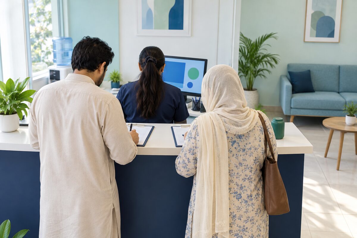 Illustration: seen from behind, two patients fill in forms on clipboards at the bright reception counter of a small Lahore clinic while the receptionist works at her computer, with a waiting sofa to one side.