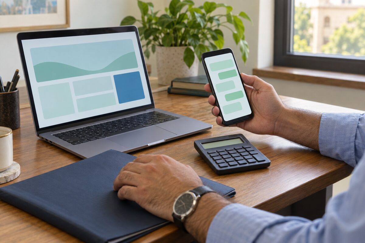 ایک کاروباری شخص کے ہاتھ میز پر فون، بند فائل اور لیپ ٹاپ کے ساتھ ویب سائٹ کا بجٹ سوچ رہے ہیں۔