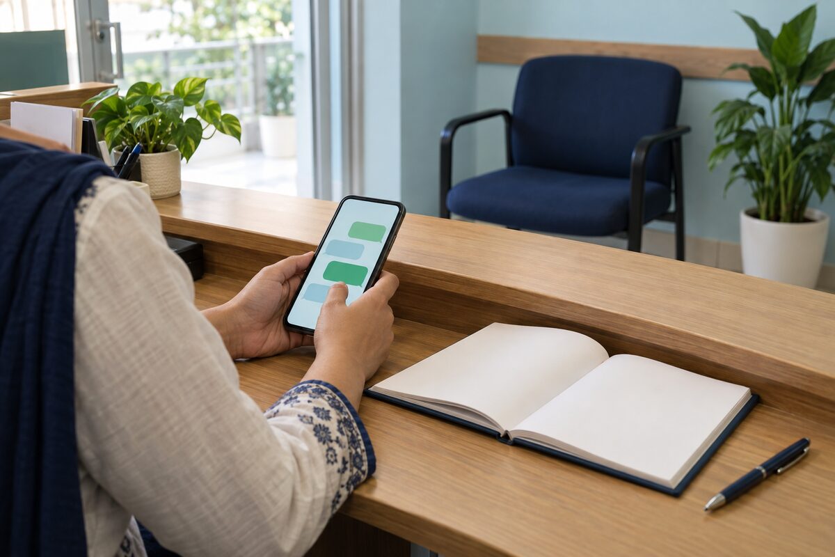 Illustration: a clinic receptionist, face turned away, replies to patients on a smartphone beside an open appointment register.