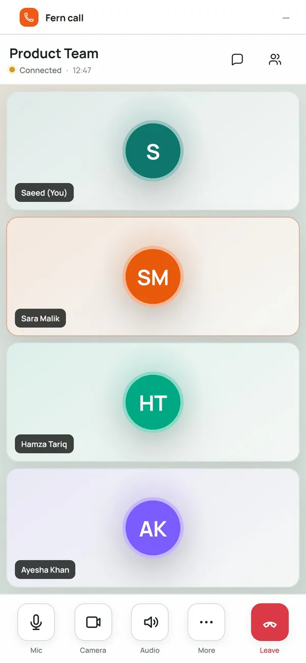 Fern on Android during a call, with a tile for each of four demo participants