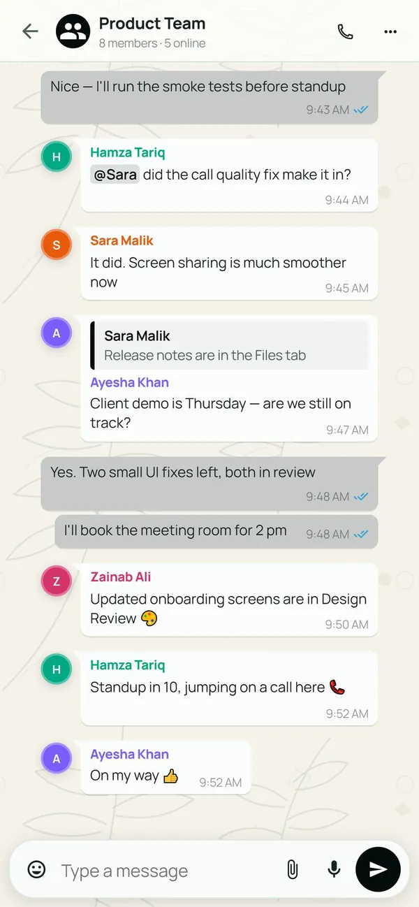 Fern on Android: the Product Team group conversation with replies and mentions