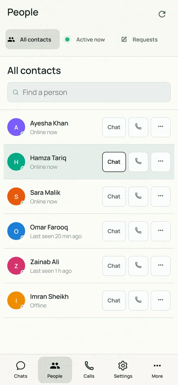 Fern on Android: the People directory with chat and call buttons beside each contact